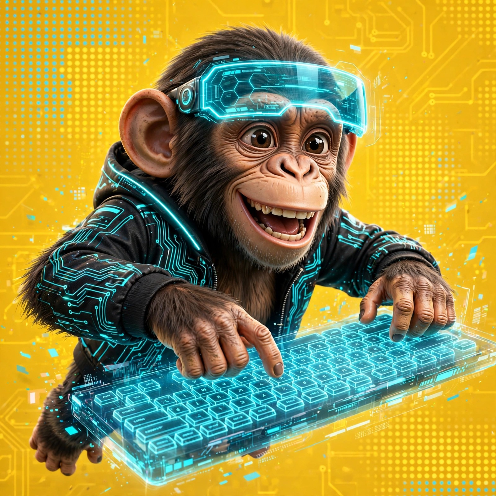 The Hacker — chimp with a cyan holographic visor and headset