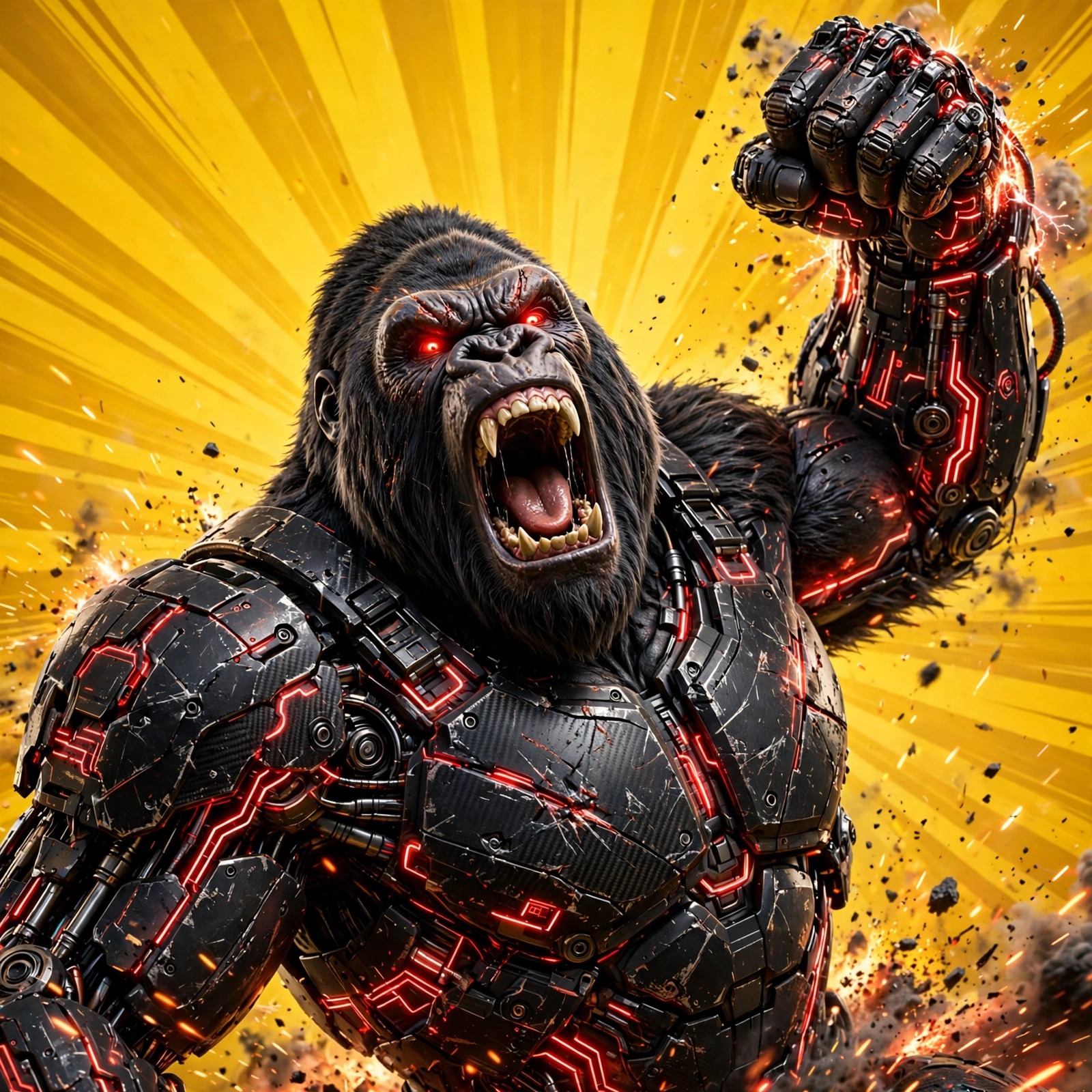 The Brute — roaring armored gorilla with a raised mech fist and glowing red eyes
