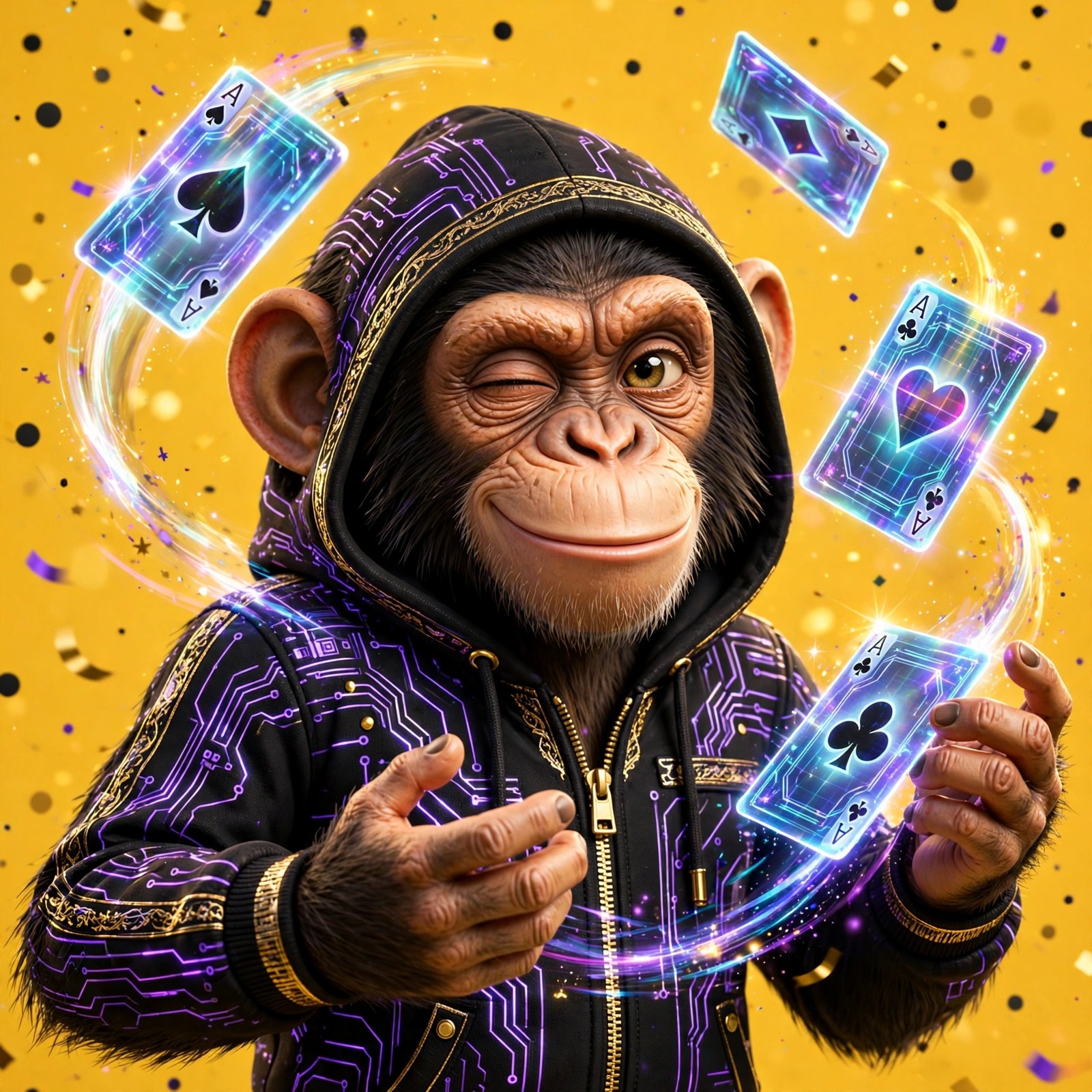 The Trickster — young chimp in a hoodie with floating holographic cards