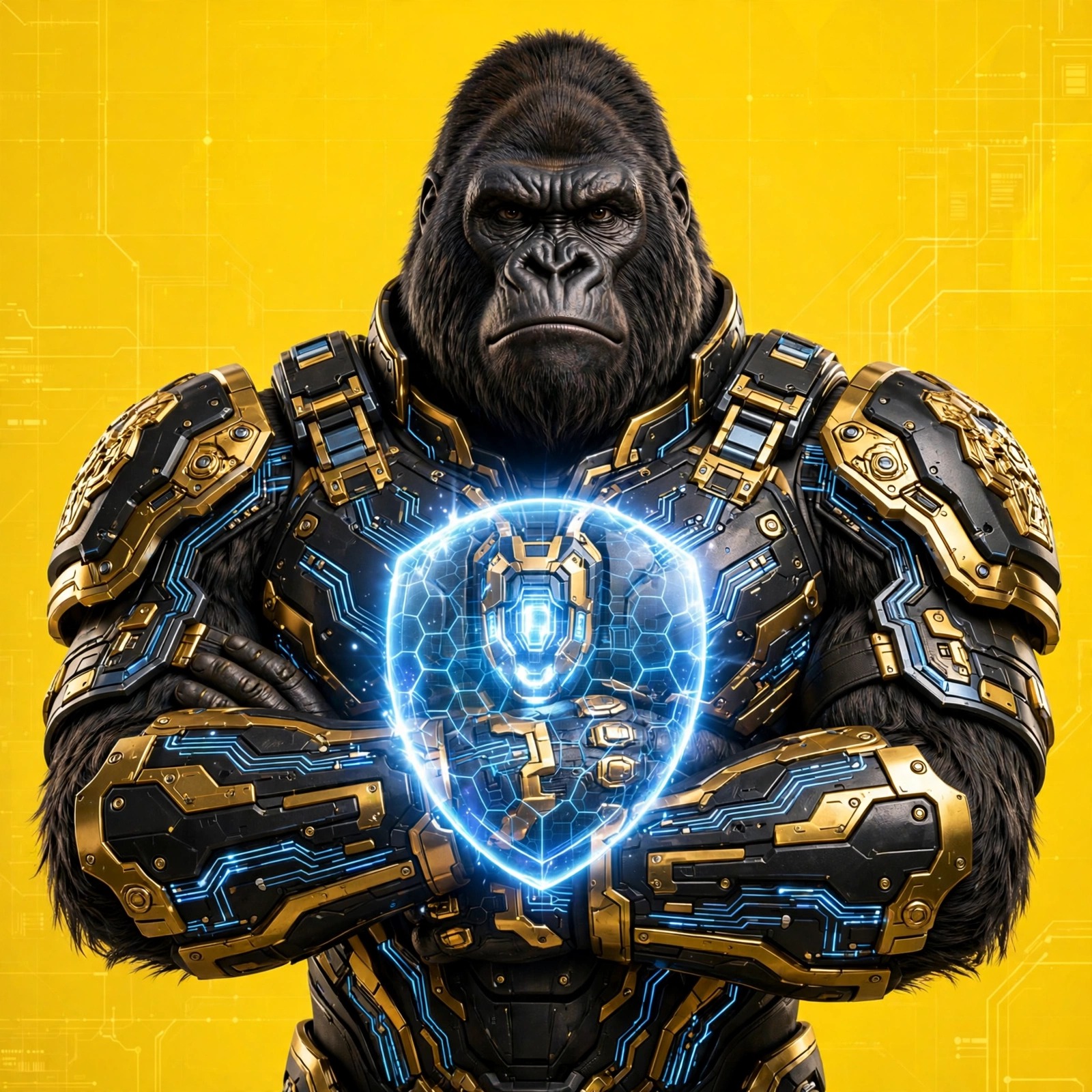 The Sentinel — armored gorilla guard with visor up and a shield chest plate