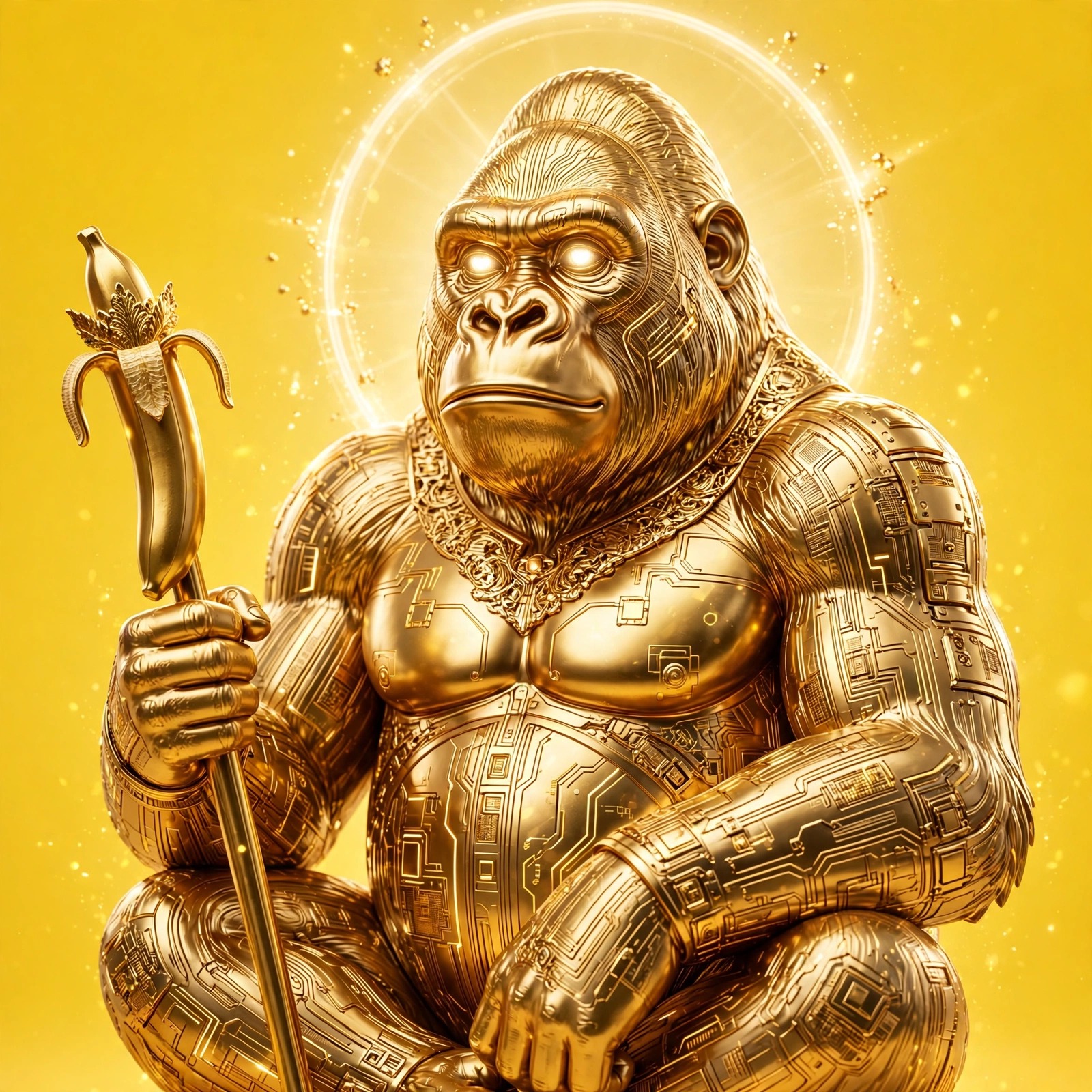 The Golden One — a gorilla made entirely of polished gold with circuit engravings, a halo ring, holding a golden banana scepter, on a Binance-yellow background